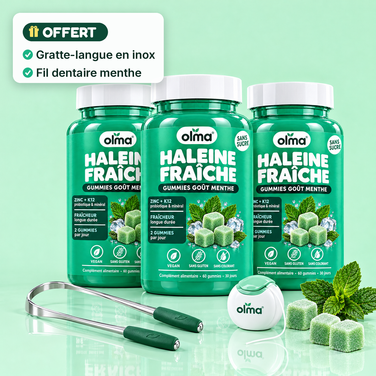 Pack 3 pots avec gratte-langue et fil dentaire offerts