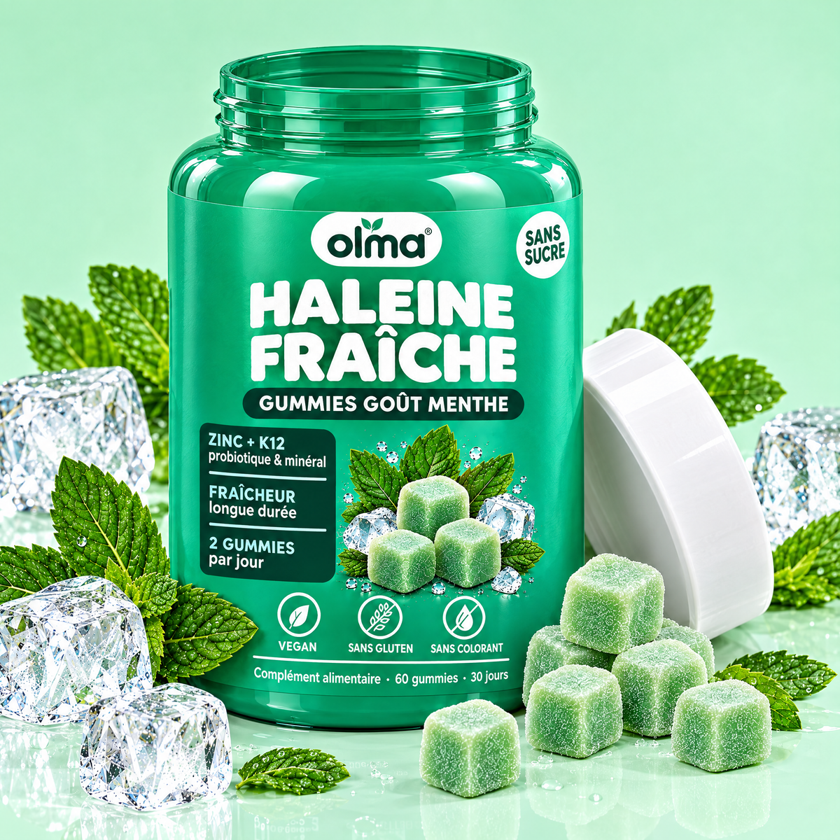 Gummies carrés goût menthe sortant du pot